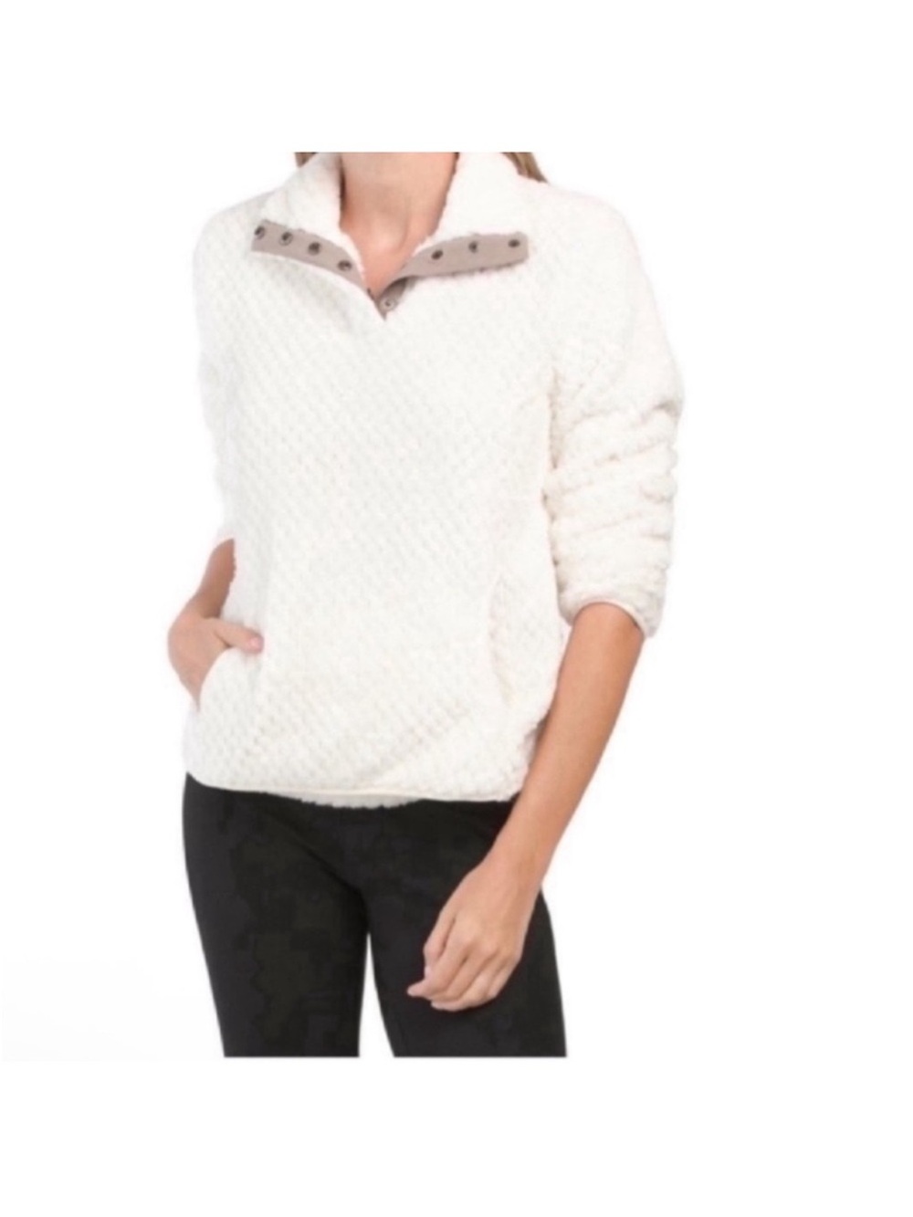 Eddie Bauer Ivory Sherpa Fleece Pullover sweatshirt Sz L Snap Mock Neck Soft